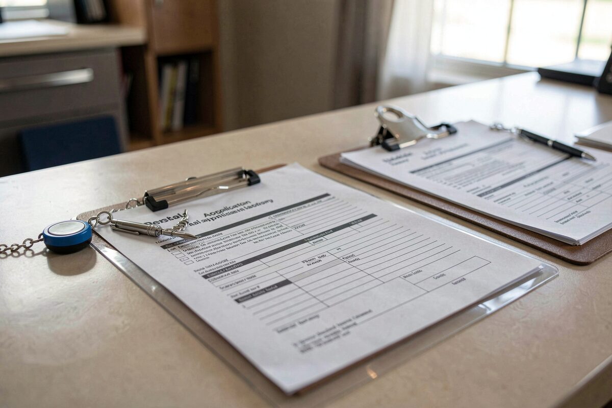A rental application form on a laminate counter with a stamp pad and a pen on a chain, a clipboard of lease documents, office light