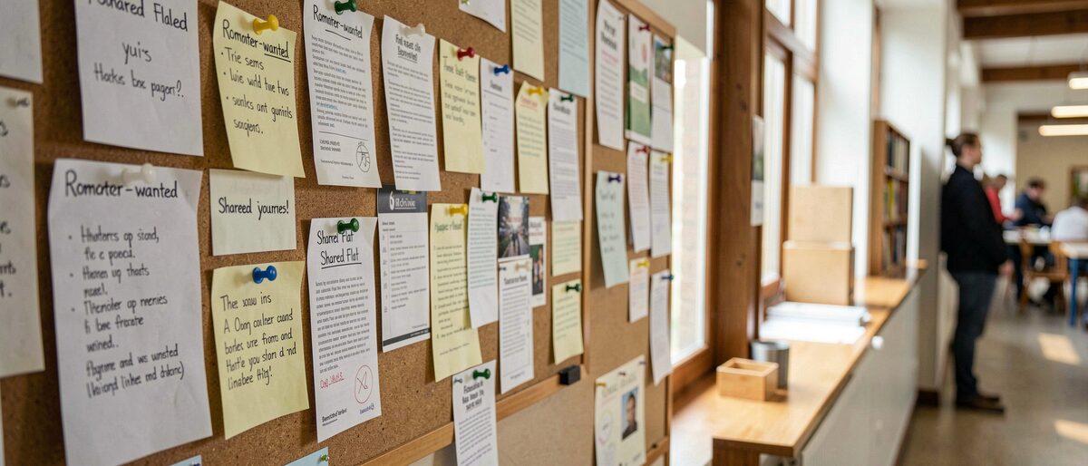 Two kettles, two sets of mugs, one card on the cork board.