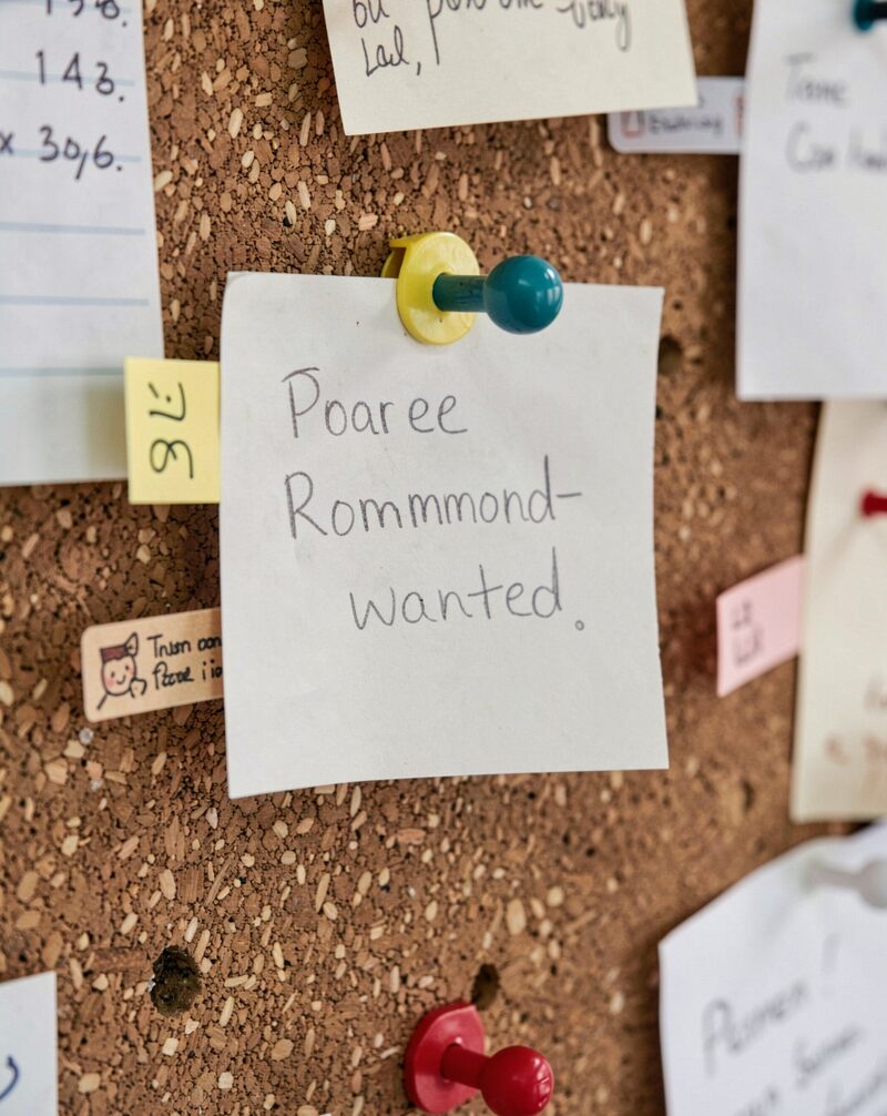 A shared apartment kitchen with two kettles and two sets of mugs on the counter, a cork board with a room-for-rent card pinned, morning light