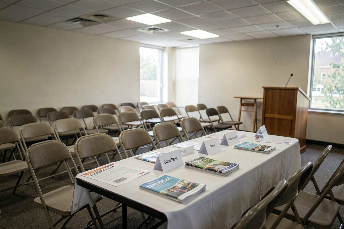 A meeting room of a landlords association: rows of folding chairs, a table with newsletters and name tent cards, a podium, fluorescent light