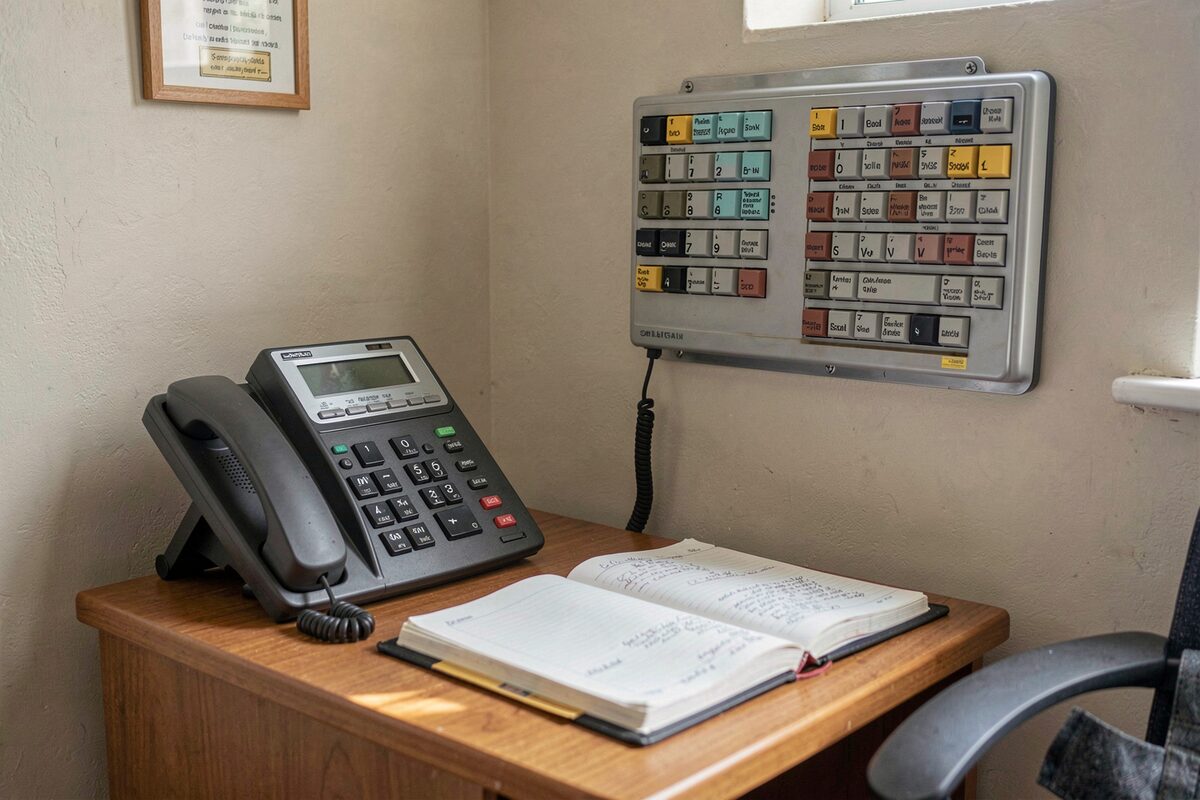 A superintendent's small office: a desk with a telephone, a wall-mounted key board with rows of labeled keys, a logbook open