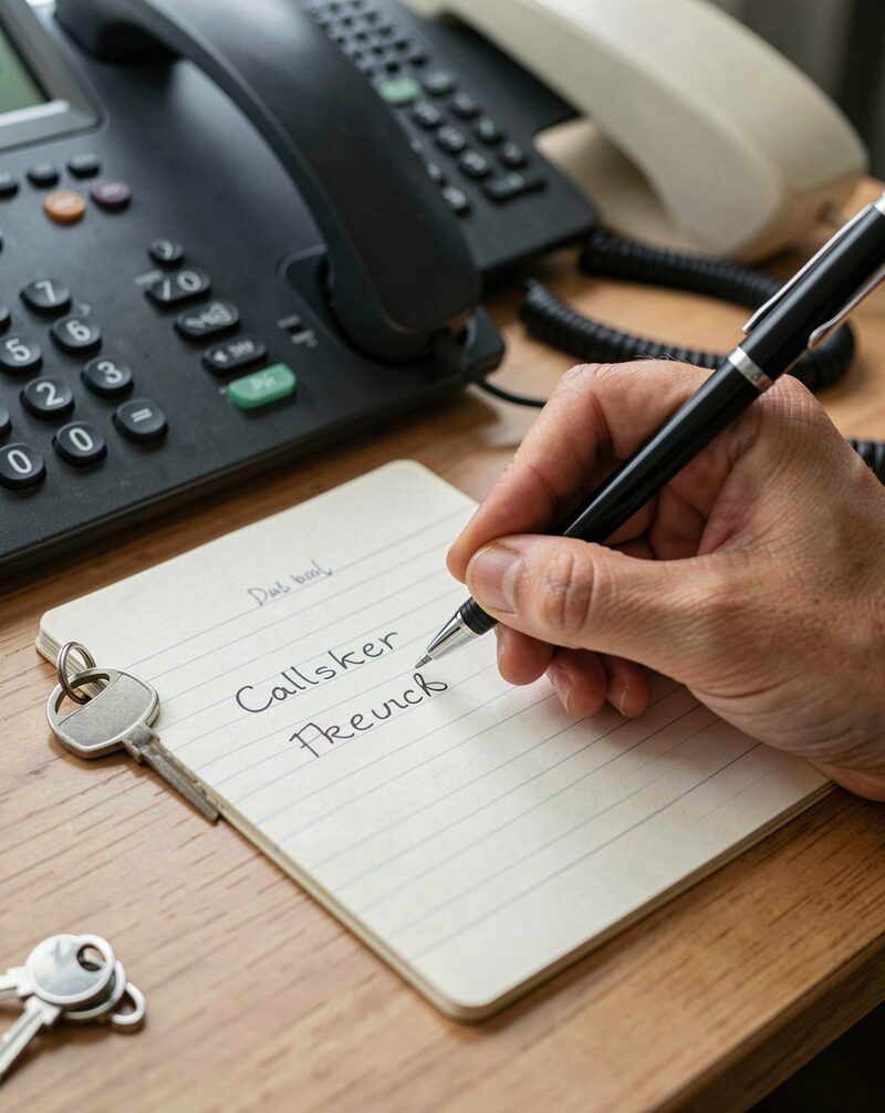 A superintendent's small office: a desk with a telephone, a wall-mounted key board with rows of labeled keys, a logbook open
